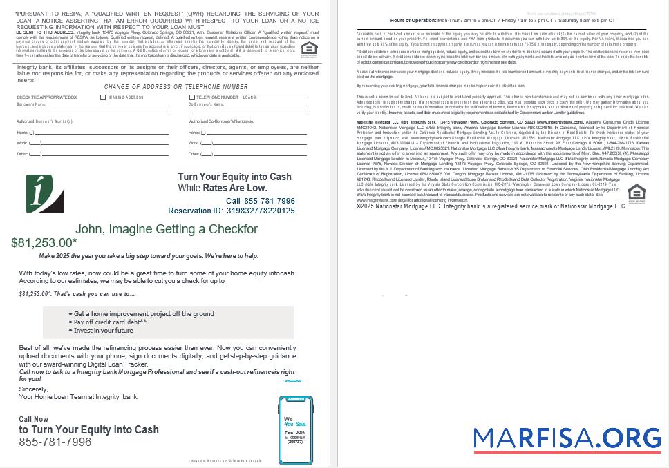 Downloadable USA Integrity Bank mortgage loan statement in Word and PDF formats , 4 pages 3 4 real example